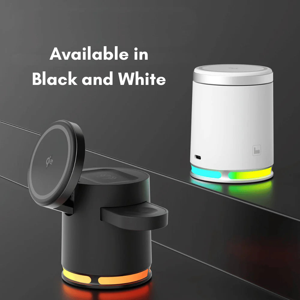 Black and white electronic devices on a dark surface with text indicating color availability.