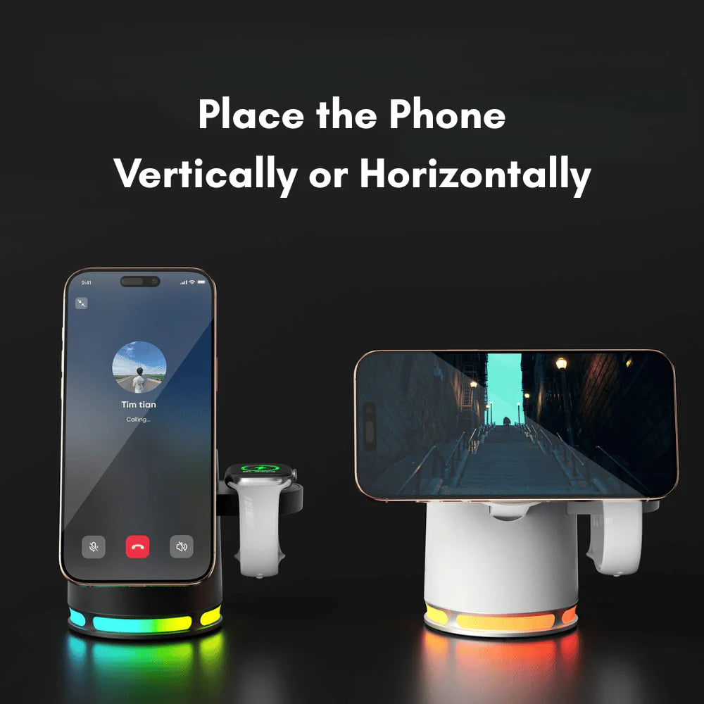 Phone holder with smartphone and smartwatch on a dark background