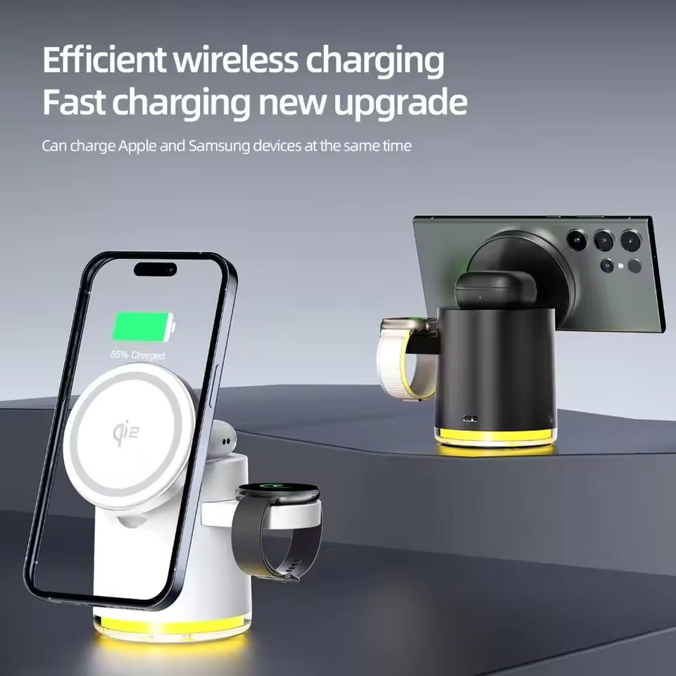 Wireless charging station with smartphone, headphones, and smartwatch on a gray background